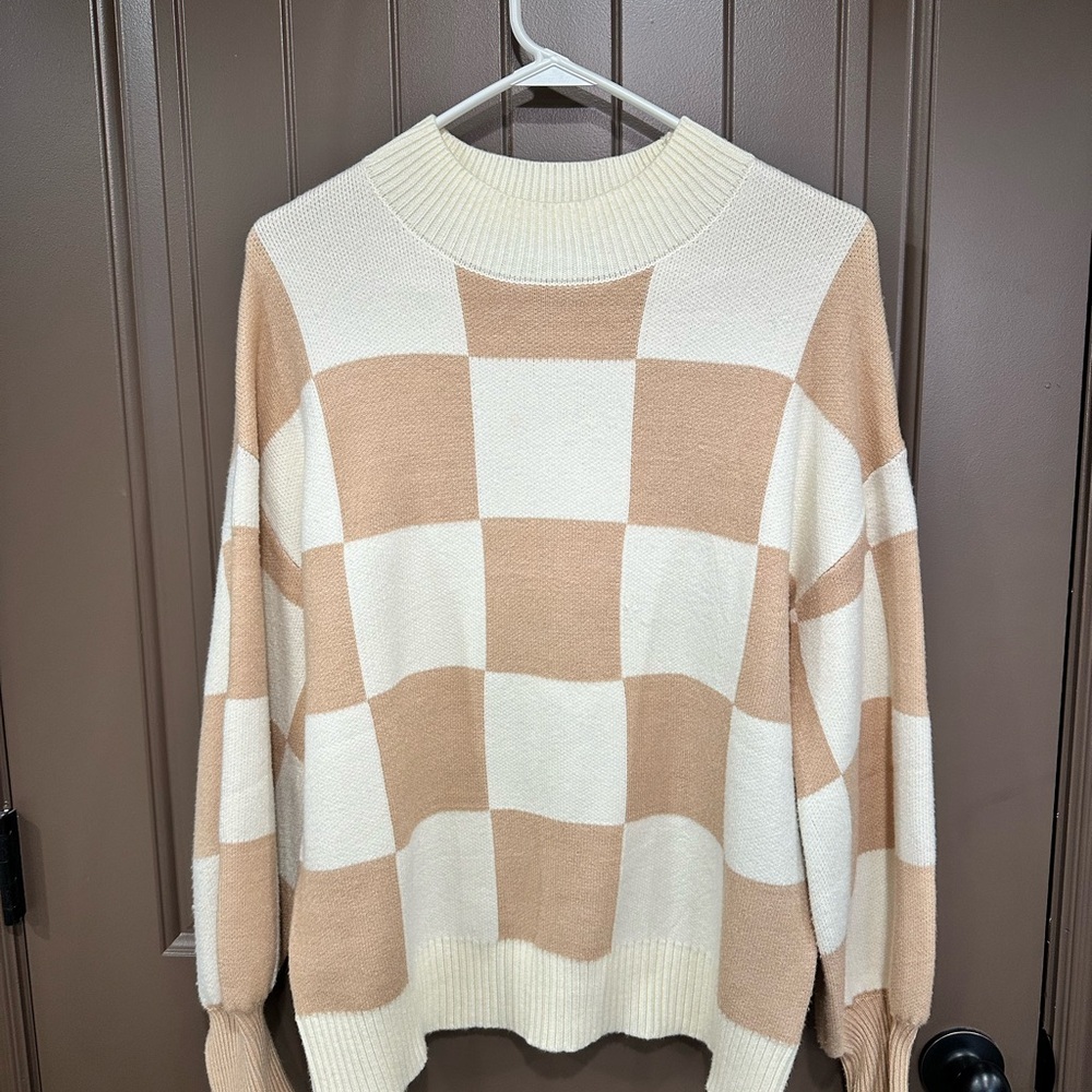 Checkered Cream and Tan Women's Sweater